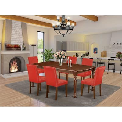 Medieval Dining Set 7Pc Rectangle Table & 6 Chairs - Firebrick Red PU Leather - 60x78 Inch Table