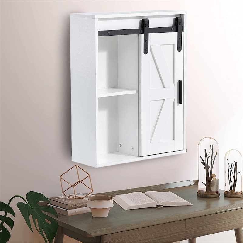 Rustic Wooden Wall Mounted Storage Cabinet with Sliding Barn Door - 27.6"H