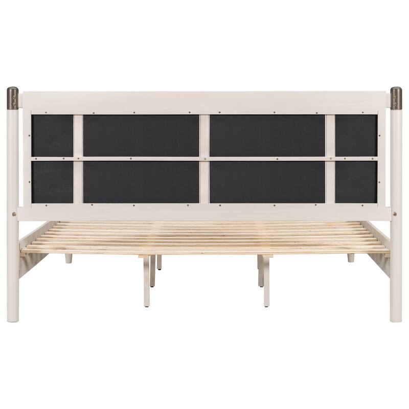 Modern Solid Wood Bed Frame Platform Bed with Central Textured Fabric Upholstered Headboard/Metal Handles/No Box Spring Needed