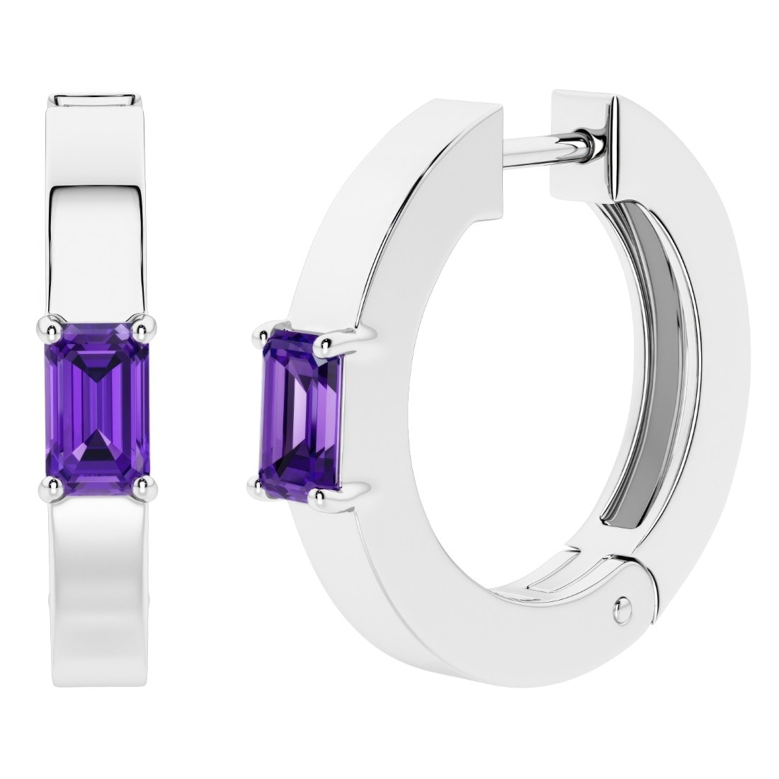 Oravo Solitaire Emerald Cut Gemstone Huggie Hoop Earrings in Sterling Silver