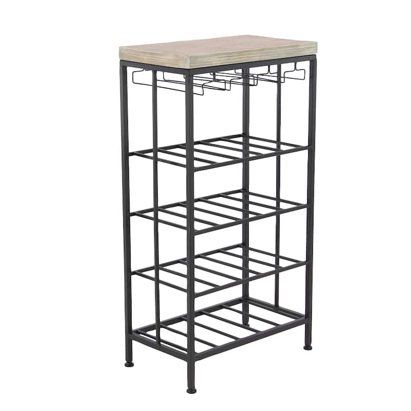 Metal Standing Wine Rack with Brown Wooden Tabletop - Black - Roche River Decor