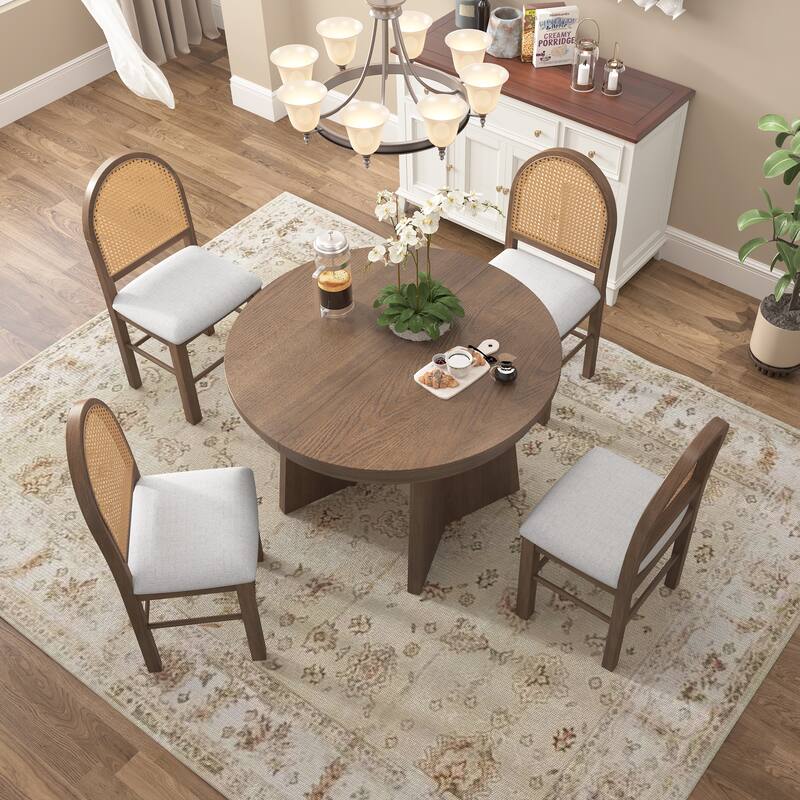 5-Piece Round Dining Set with 4 Upholstered Chairs and Extendable Table for Family Meals and Gatherings