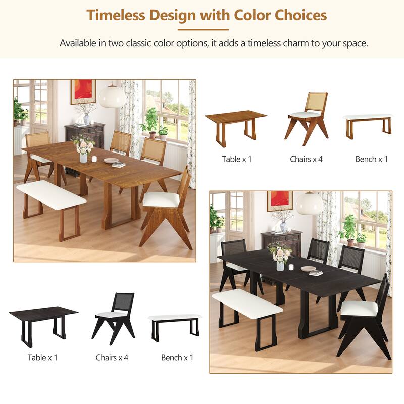 Modern 6-Piece Extendable Dining Table Set with 4 Wicker Upholstered Dining Chairs and Long Bench for Kitchen Living Room