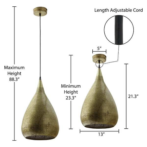dimension image slide 1 of 2, Penny River of Goods Cone-Shaped Pendant Lamp with Antique Gold Punched Metal Shade - 13" x 13" x 23.3/88.3"