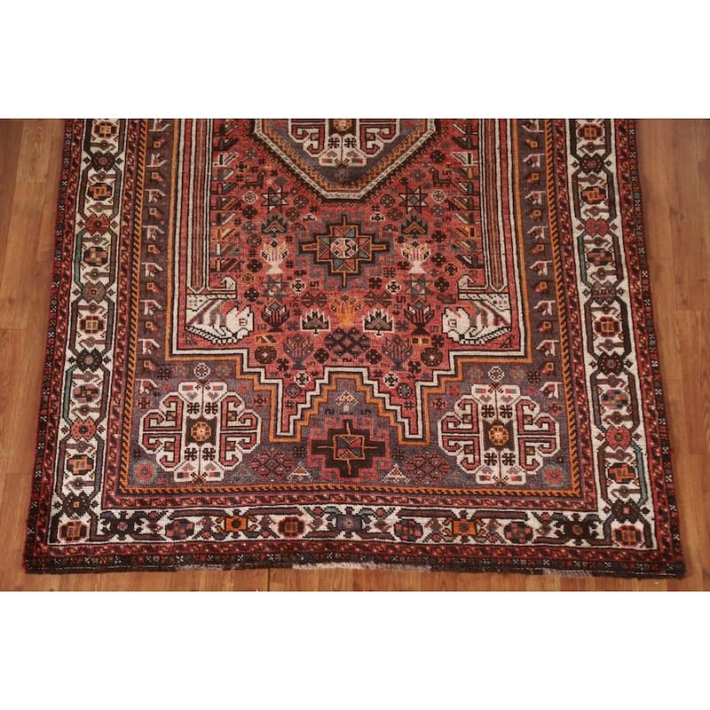 Tribal Pink Qashqai Persian Vintage Area Rug Handmade Wool Carpet - 5'4"x 8'6"