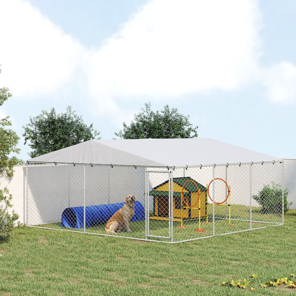 PawHut Outdoor Dog Kennel, Chain Link Dog Run with Waterproof Cover, Secure Lock, 15' x 15' x 7'