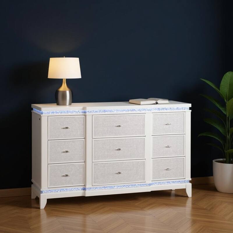 HomeRoots 62" White Faux Crystal Glitter Wood Lighted Nine Drawer Triple Dresser - White - 9-drawer