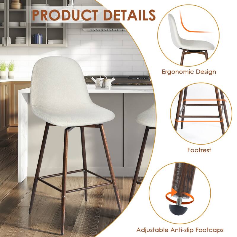 Homy Casa Set of 2 Fabric Counter Stools with Curved Back and Metal Legs - For Kitchen Islands and Counter Seating - N/A