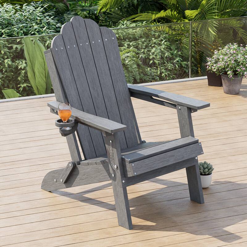 HDPE All-Weather Folding Adirondack Chair with Cup Holder - 1-Piece - Gray