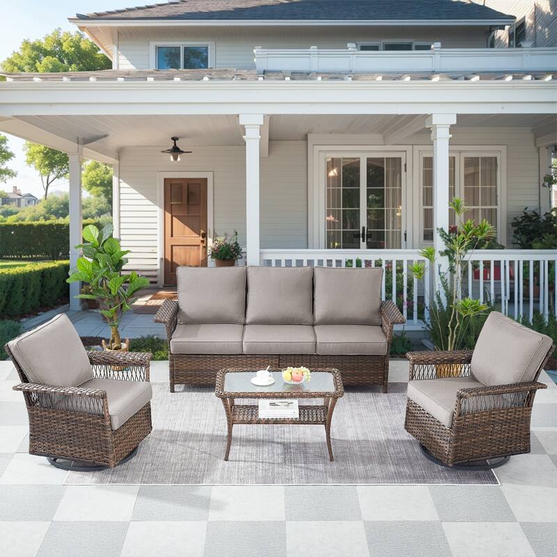 Pocassy Outdoor Swivel Chairs with Sofa Chair Ottoman and Table Set - Brown Wicker Gray Cushion - 4-Piece Patio Sofa Swivel Chair with Table
