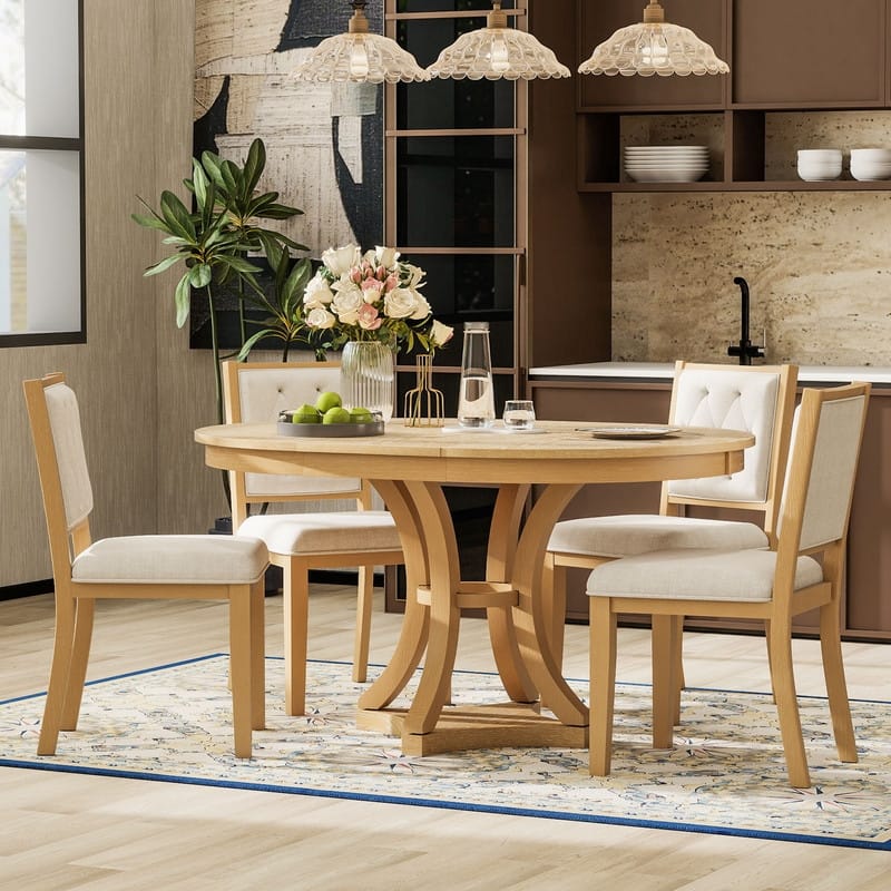 5-Piece Retro Functional Dining Table Set Extendable Round Table and 4 Upholstered Chairs for Dining Room - Natural