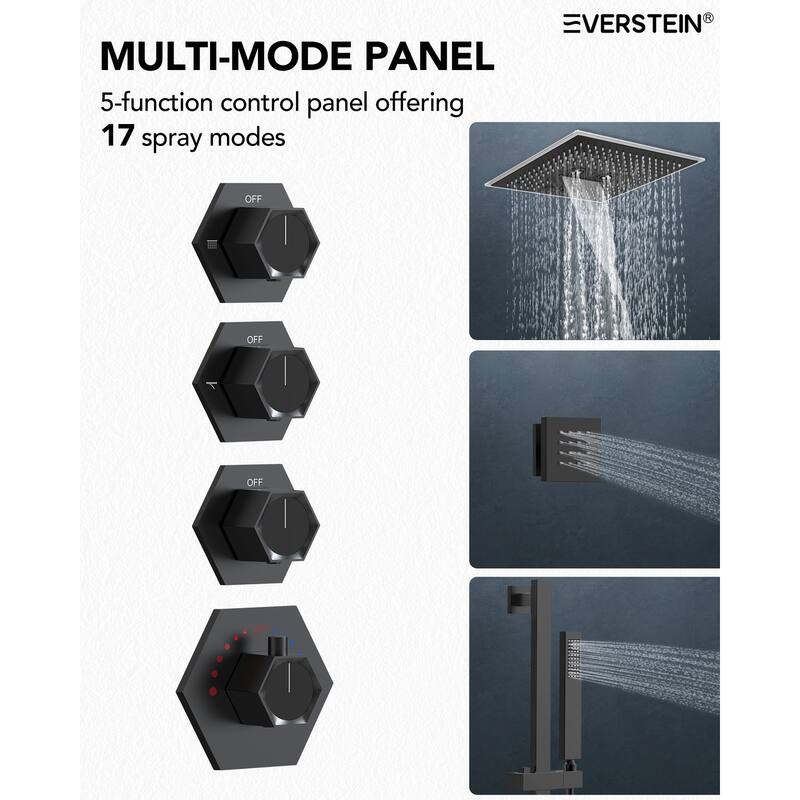 Shower Faucet System 16" Ceiling Mount Shower Head 3 Spray Modes Body Jets Handheld Spray with Slide Bar LED Music