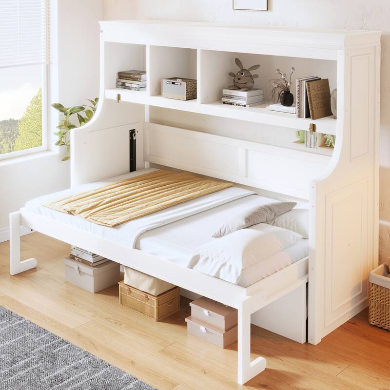 Twin Size Murphy Bed Cabinet with Fold-down Desk and Storage Bookcase Shelves