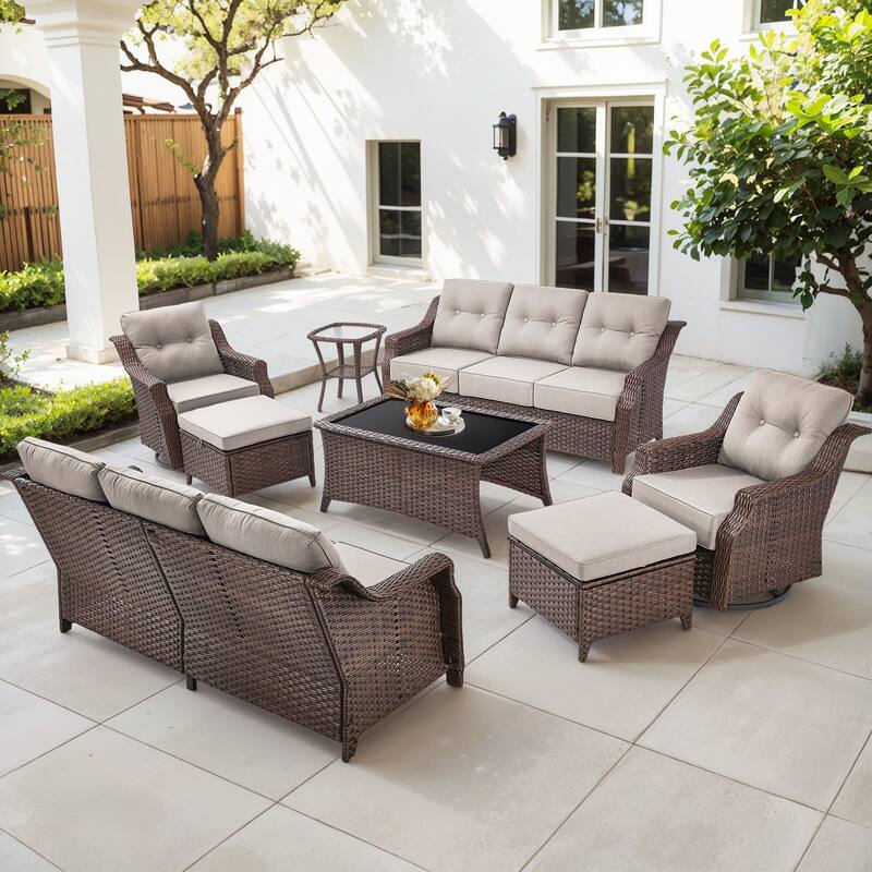 Gymojoy 9-Piece Wicker Patio Furniture Set, 6-inch Thick Cushioned & UV-Resistant, Outdoor Sofa & Chiar Set for Garden