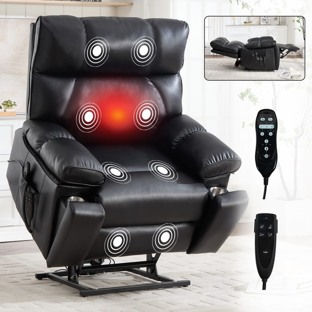 Leatheraire Heat Massage Dual Motor Infinite Position Up to 350 LBS Large Electric Power Lift Recliners with Hidden Cup Holders