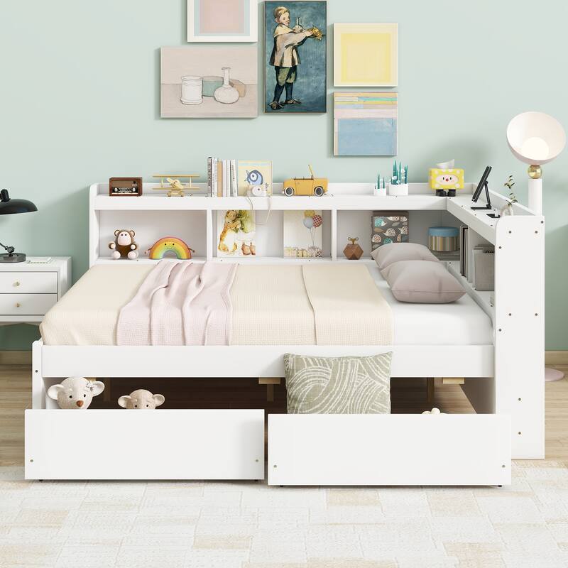 Corner Daybed Bookcases Bed with Power Outlets and Charging Ports, L-Shaped Storage Bed Frame Captains Bed with 2 Drawers