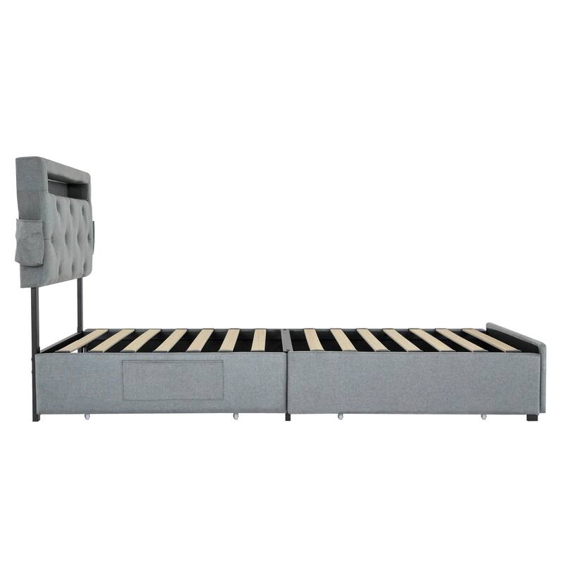 Light Gray Twin Size Platform Bed with Storage, USB Station, and LED