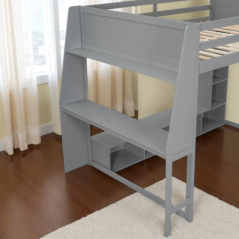 Twin/Full Size Gray Gaming Loft Bed with Desk, Storage Cabinets, LED Lighting & Hanging Clothes Rack