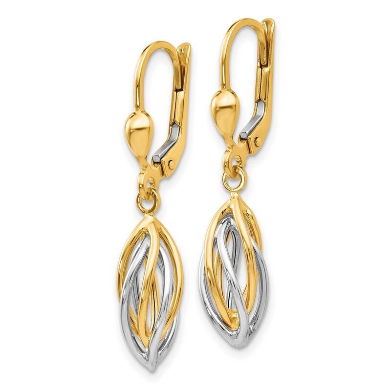 Curata 14k Two Tone Gold 32x7mm Polished Dangle Swirl Cone Leverback Earrings