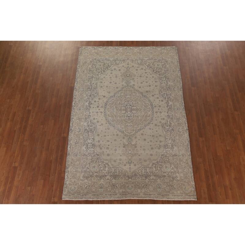 Hand Knotted Oriental 100% Wool Carpet Traditional Medallion Beige & Ivories Tabriz Area Rug - 9' 9'' X 6' 5''