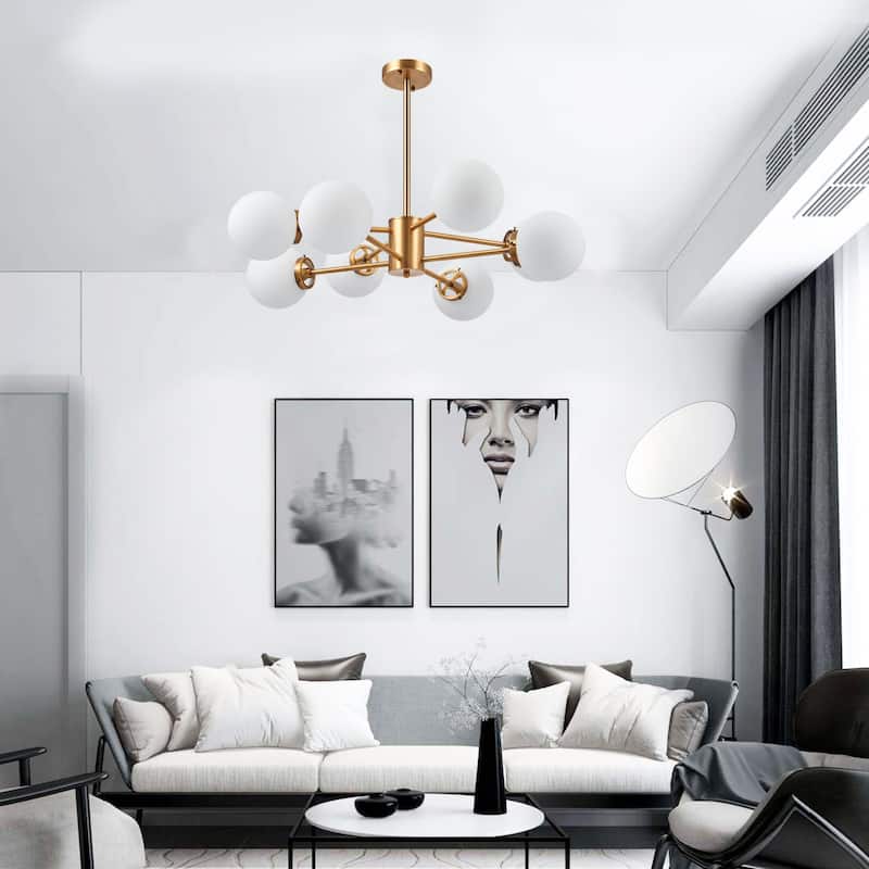 CO-Z Modern Brass 8-light Linear Sputnik Chandelier - White Opal Glass