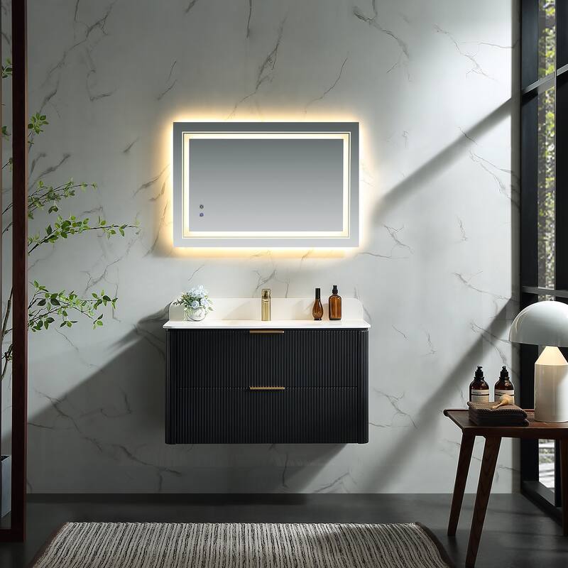 Modland Fluted Floating Vanity with Sink, Plywood Wall Mount Cabinet, Curved Edge, 24/30/36 Inch