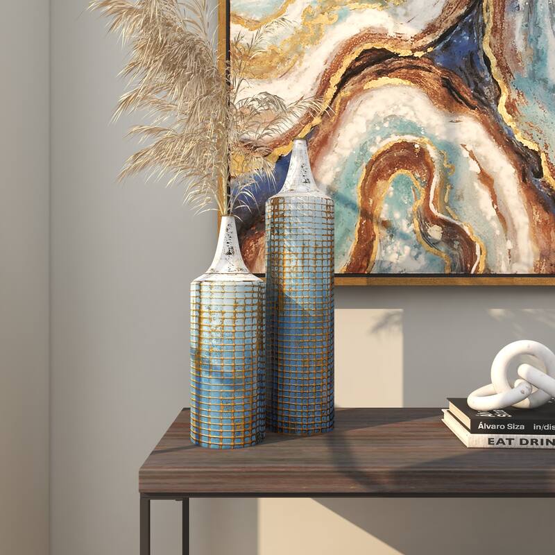 Blue Metal Distressed Tall Geometric Decorative Vase with Grid Pattern and Gold Accents (Set of 2)