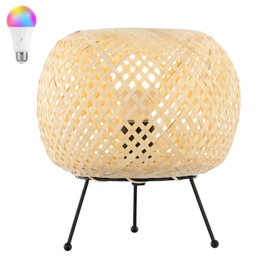 Chakrii 10.75" Bohemian Rustic Iron/Rattan LED Mini Table Lamp with Smart Bulb, Black/Brown by JONATHAN Y