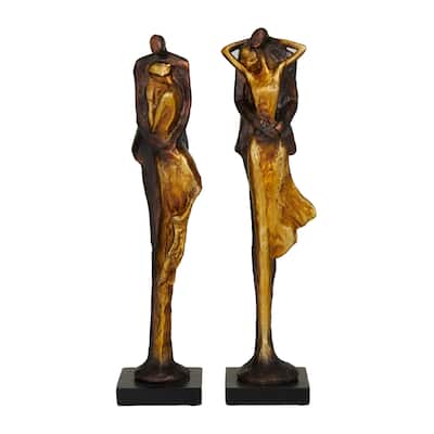 Polystone People Sculpture - Set of 2 Bronze - Roche River Decor - 4"W x 4"L x 17"H
