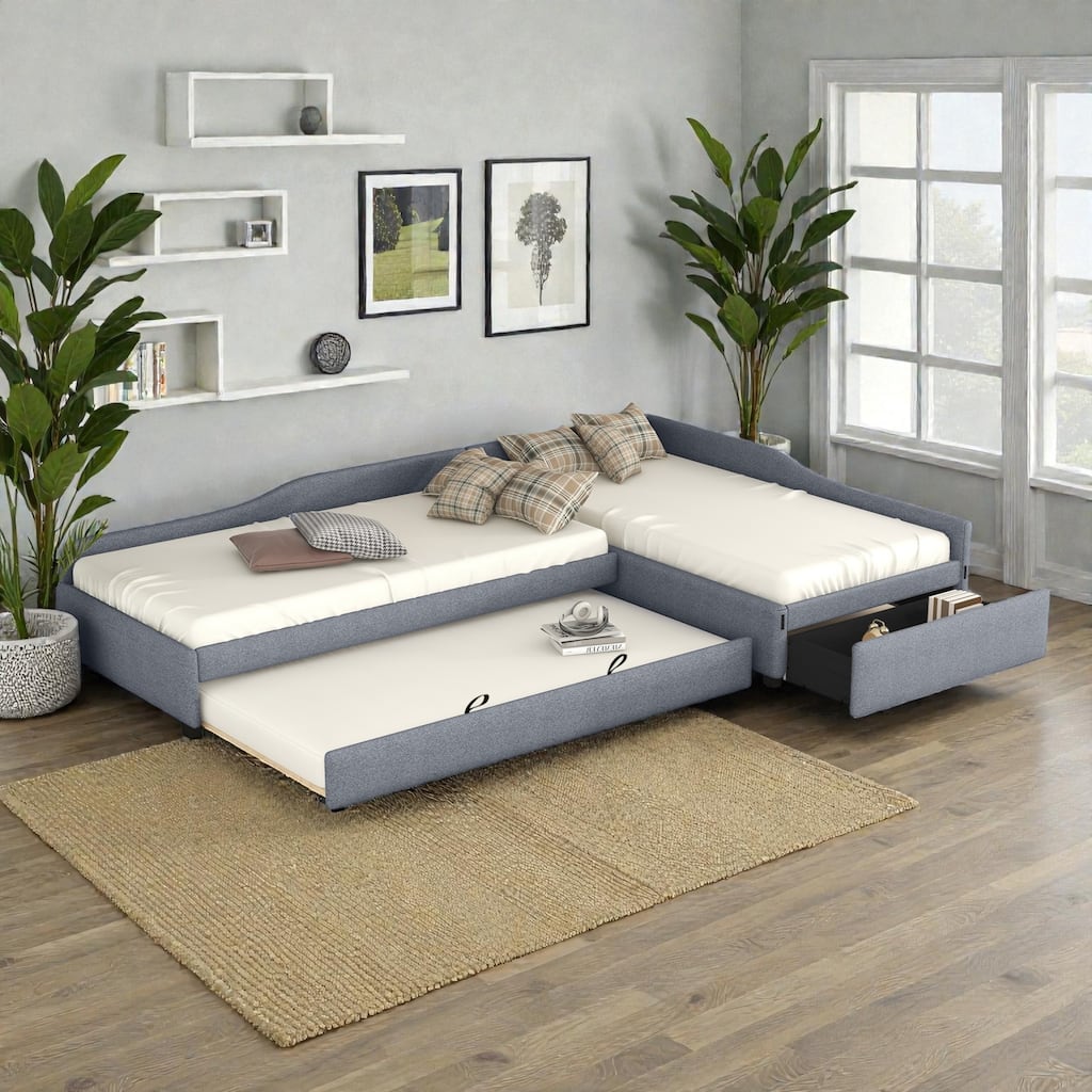 Upholstered Twin Daybed with Trundle and Drawer, Double Twin Linen Sofa Bed No Box Spring