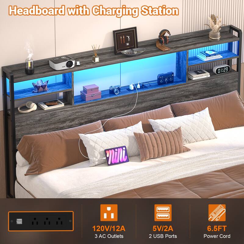 Storage Headboard with USB Port and Power Outlet, Head Board with LED Light for Bed Frame