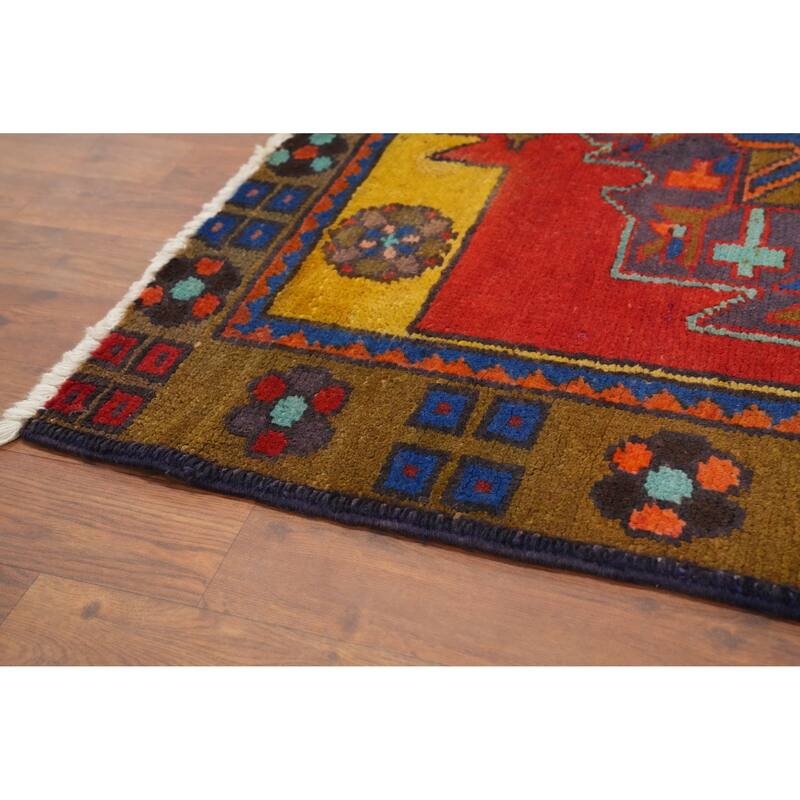 Hand Knotted Oriental 100% Wool Carpet Traditional Geometric Oranges & Rust Heriz Runner Rug - 10' 4'' X 3' 3''