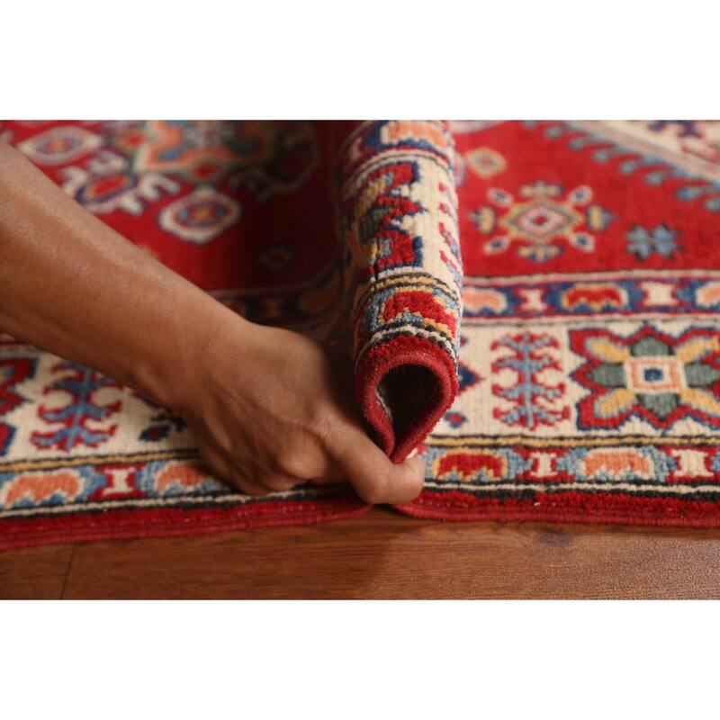 Red Geometric Kazak Oriental Wool Runner Rug Handmade Hallway Carpet - 2'8" x 9'9"