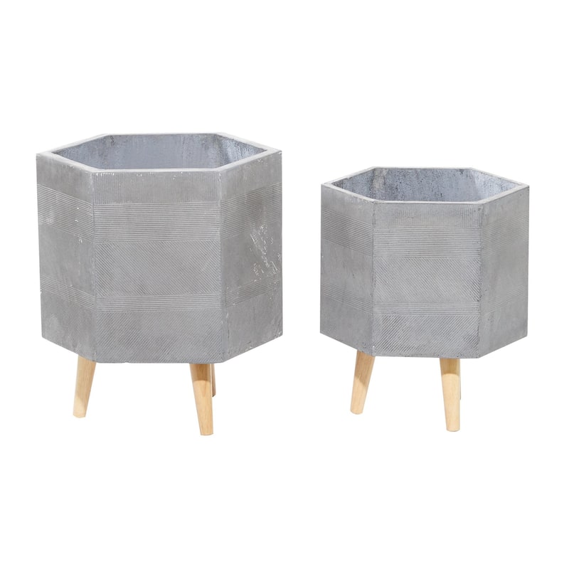 Magnesium Oxide Indoor Outdoor Planter with Wood Legs - Set of 2 White, Dark Gray - Roche River Decor