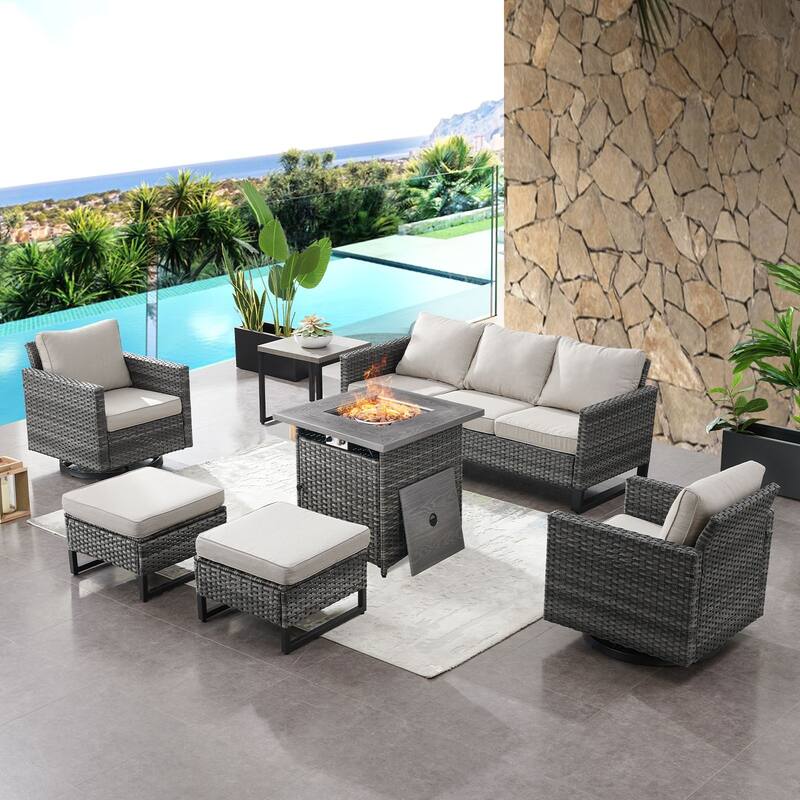 Outdoor 3-Seat Sofa Swivel Chair with Fire Pit Table - Grey - Beige