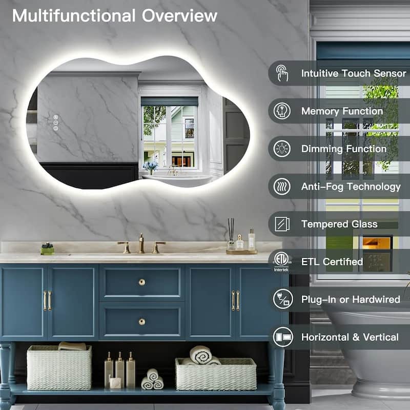 Irregular LED Anti-fog Tempered Glass Wall Bathroom Vanity Mirror, ETL Certified, 3-Year Warranty