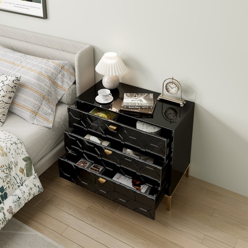 Clihome Modern Wooden Glossy 3-Drawer Storage Chest