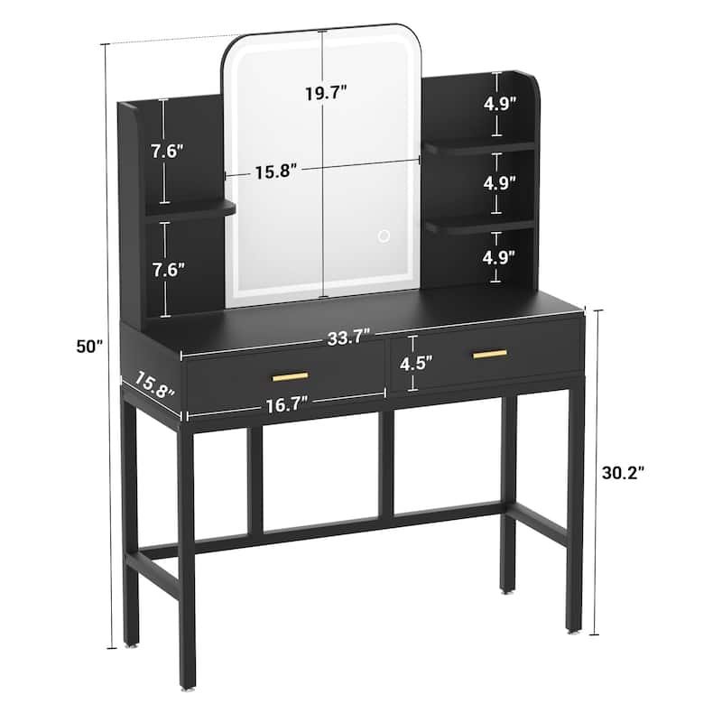 Vanity Table with LED Mirror, Kid's Makeup Vanity Desk with 2 Storage Drawers