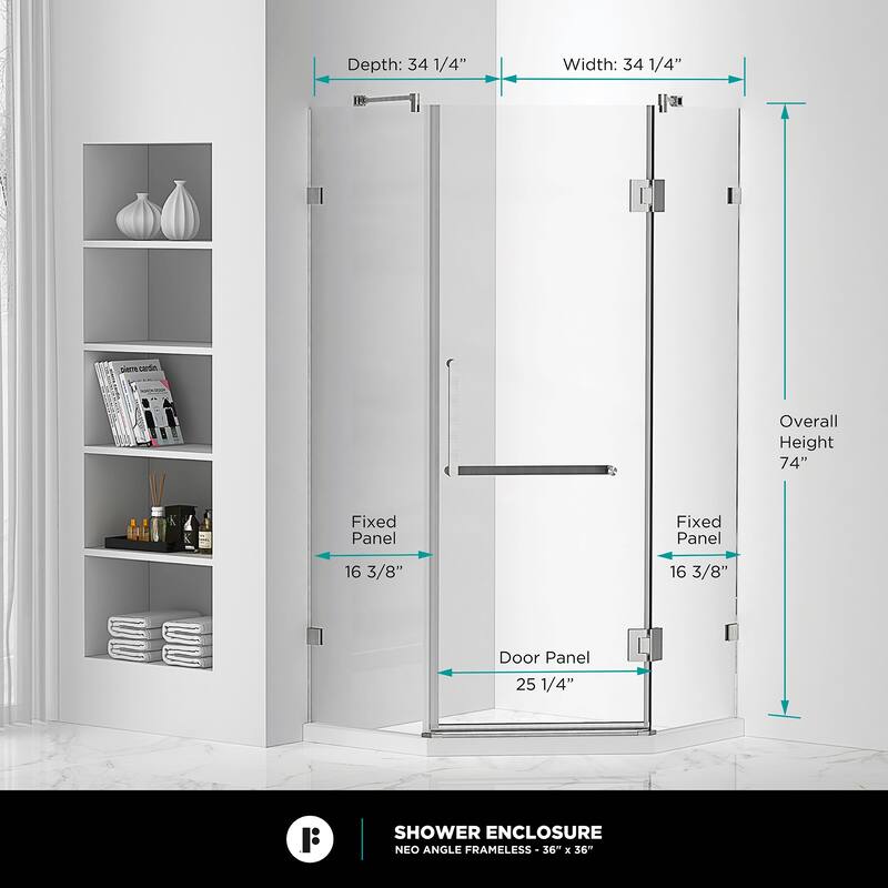 Neo Angle, Acrylic Shower Base with Compatible Glass Frameless Shower Enclosure