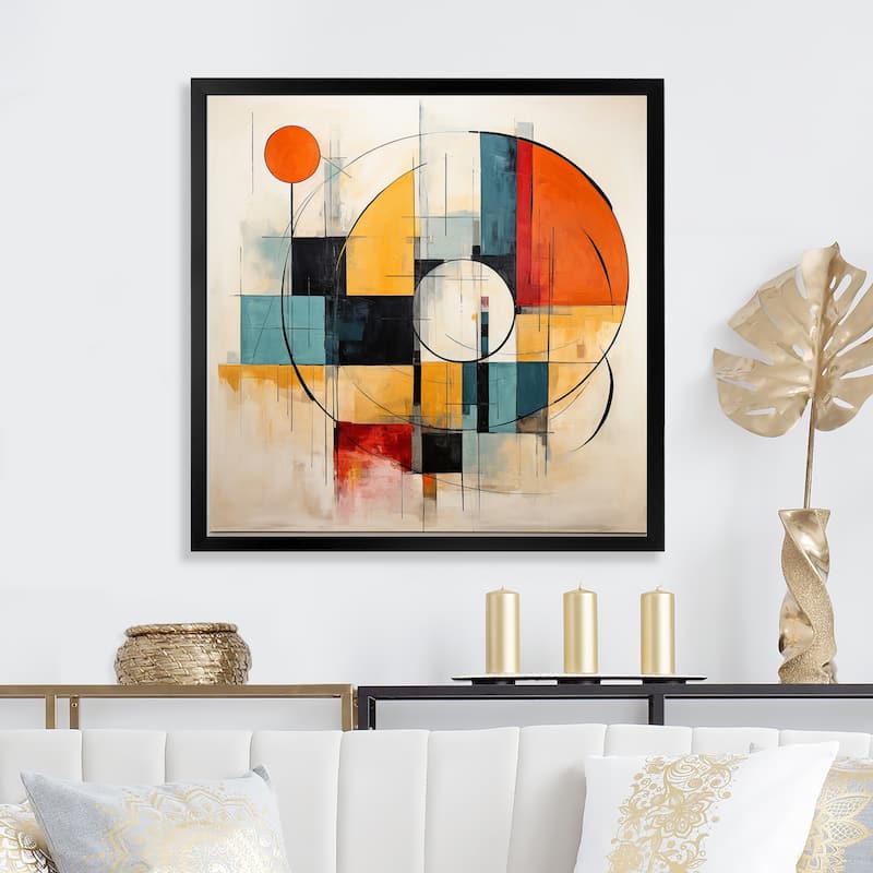 Designart "Blue Orange Mid Century Geometric Abstractions II" Mid-century Framed Wall Art Living Room - Black - 16 in. wide x 16 in. high