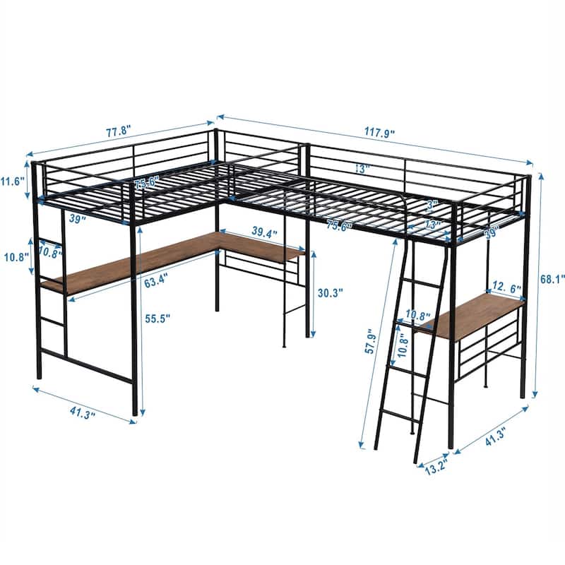 Merax Twin Metal L-shaped Loft Bed with Two Built-in Desks