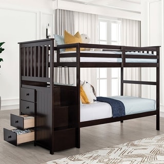 Twin over Twin Bunk Bed with Built-in Storage Unit in Espresso