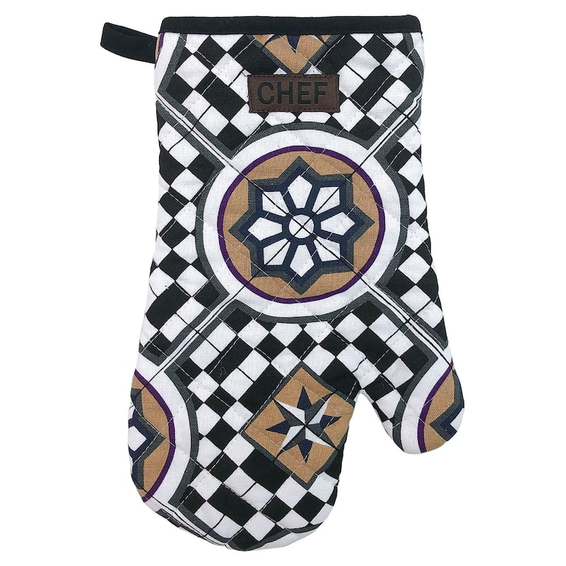 Chef's Artistic Cotton Oven Mitt - Heat Resistant 11x7 Inch - Intricate Mosaic Pattern for Elegant Kitchens - 11"L x 7"W x 1"H