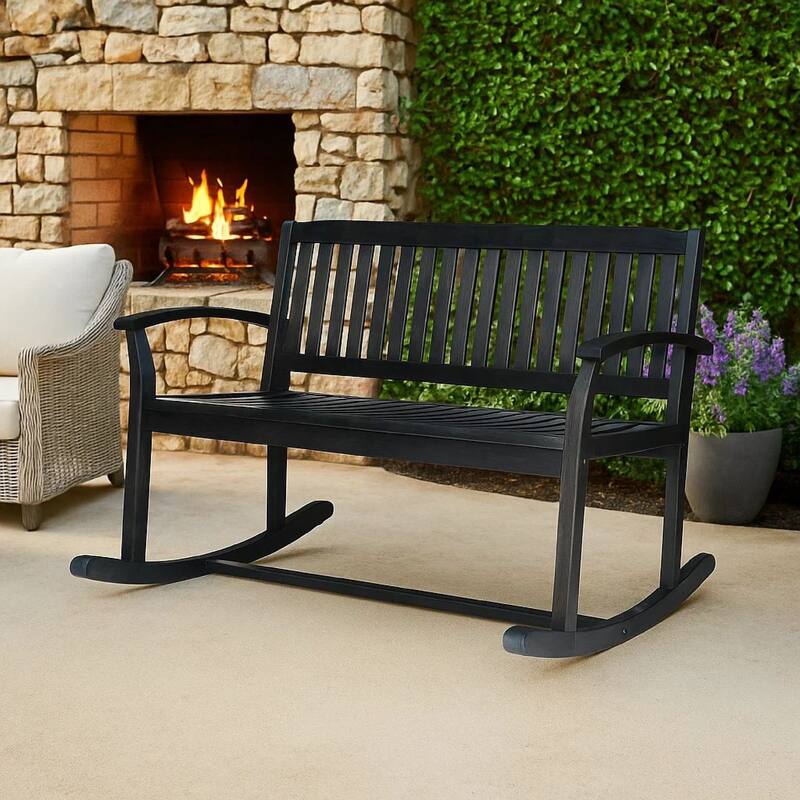 Outdoor Rocking Loveseat Bench, 50 Inch Gray Acacia Wood