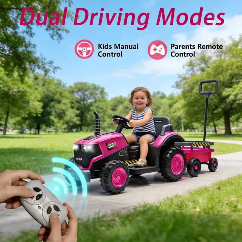 Magenta Kids Ride On Tractor with Trailer, Remote Control Electric Tractor Ride on Car with Bluetooth Music