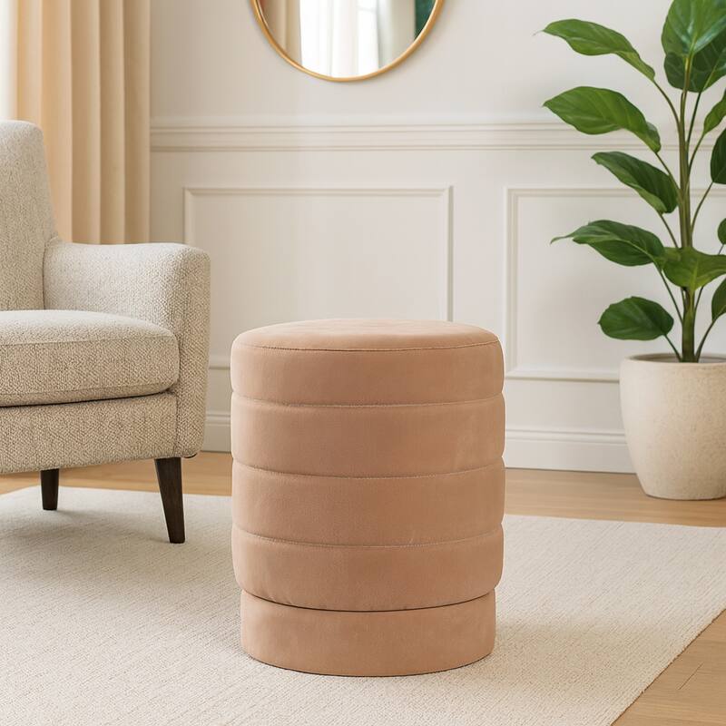 Round Upholstered Ottoman - Compact Pouf Footstool - 19", Brown