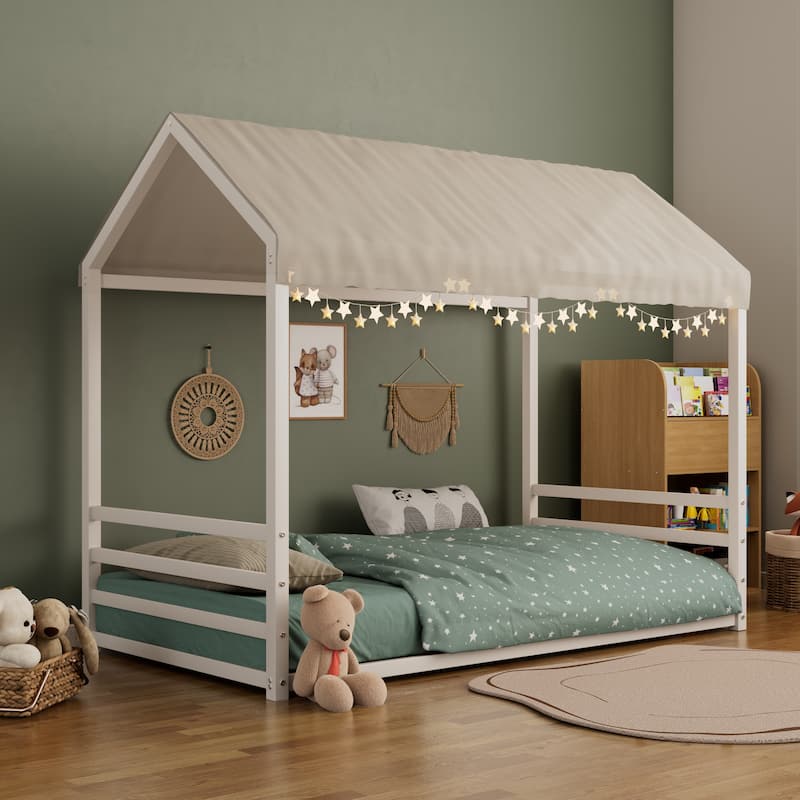 Montessori Style Metal Floor Bed Frame, House Shaped Bed for Kids and Toddlers, No Slats, House Bed - White Horizontal - Twin