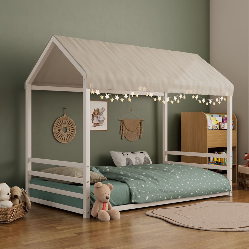 Montessori Style Metal Floor Bed Frame, House Shaped Bed for Kids and Toddlers, No Slats, House Bed