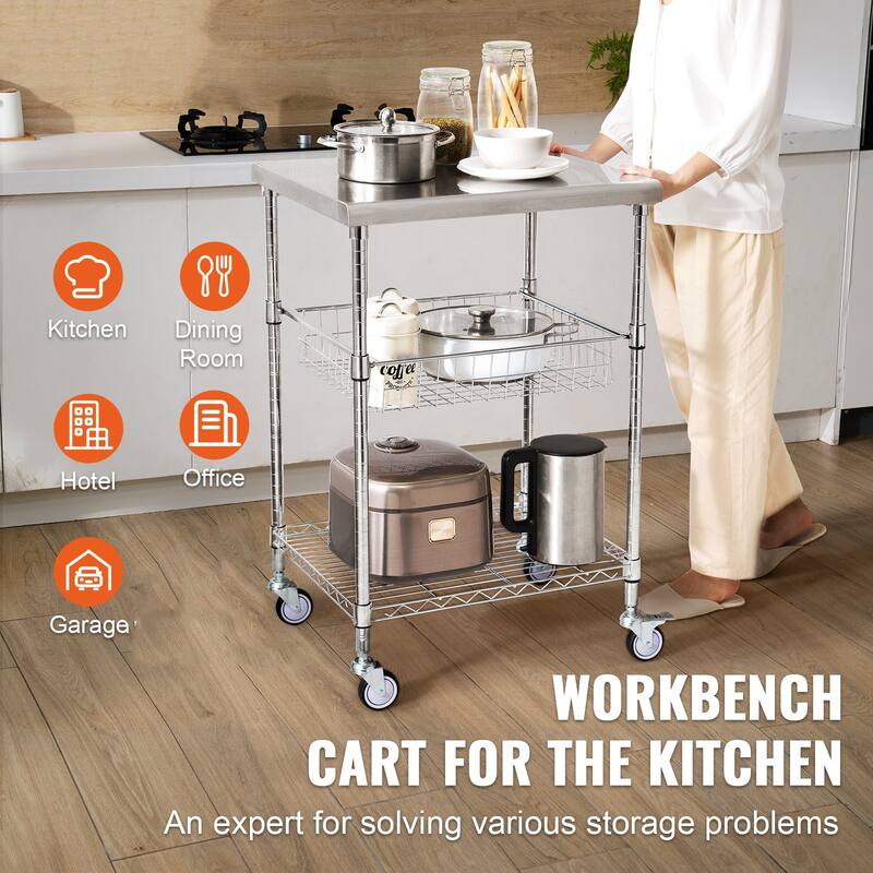 Silver Steel Utility Cart Rolling Cart with Stainless Top, Wheels and 3 Shelves - 20"” L x 24" W x 36.6" H