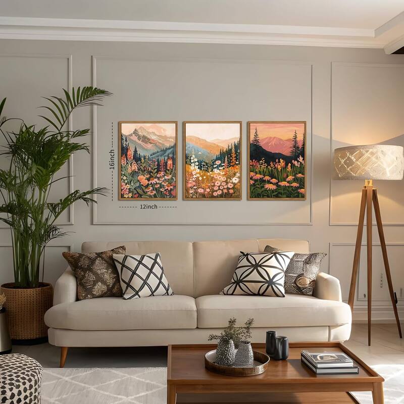 Colorful Mountain Wall Art Set of 3, Vintage Wildflower Landscape